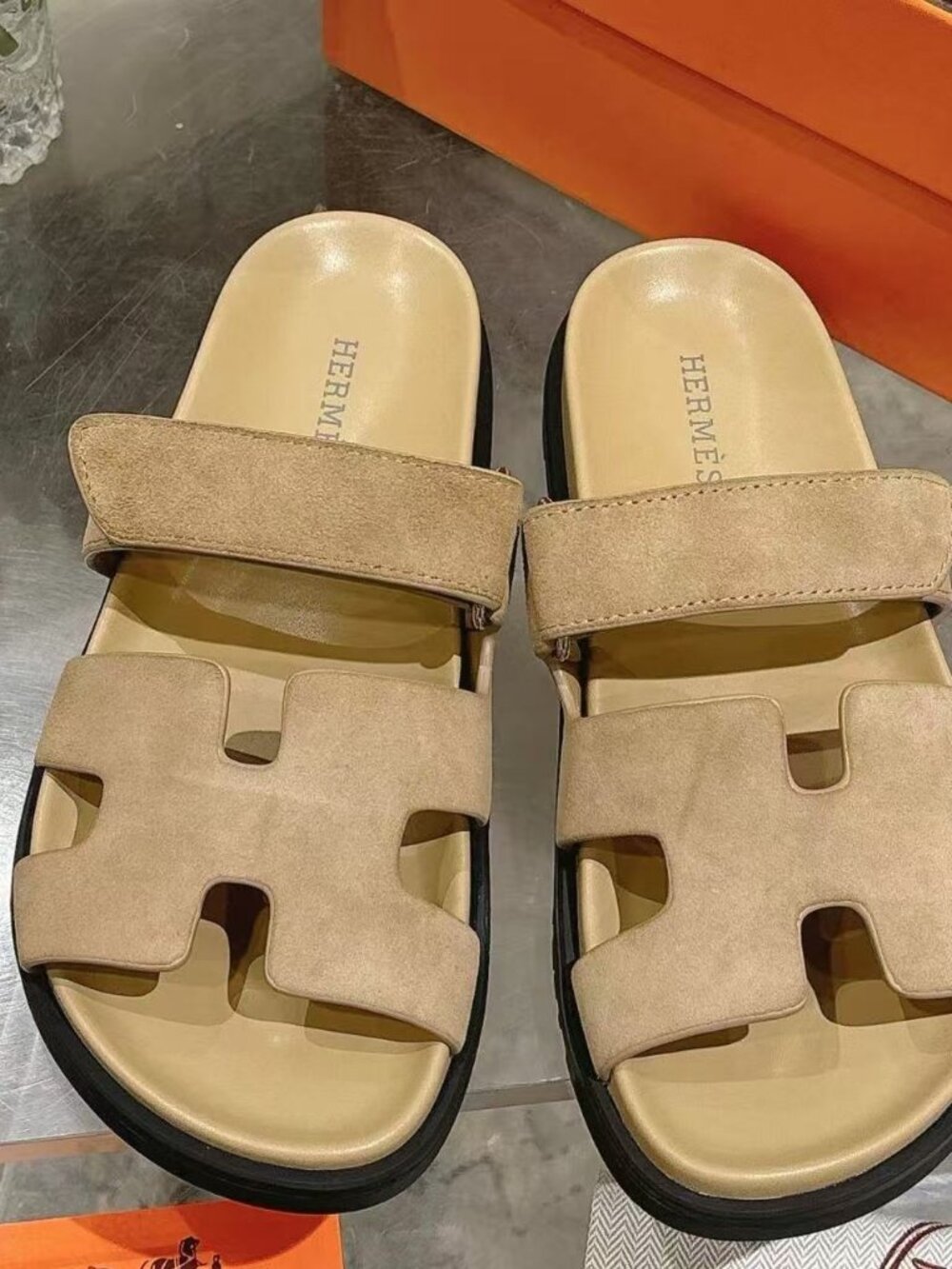 Womens Hermès Suede H Buckle Platform Slide Sandals